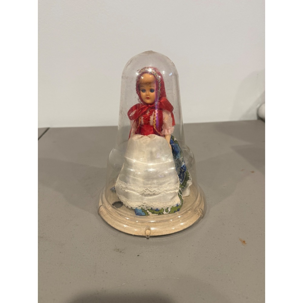 Vintage Denmark Souvenir Doll Small Red White Blue Folk Costume Plastic Dome